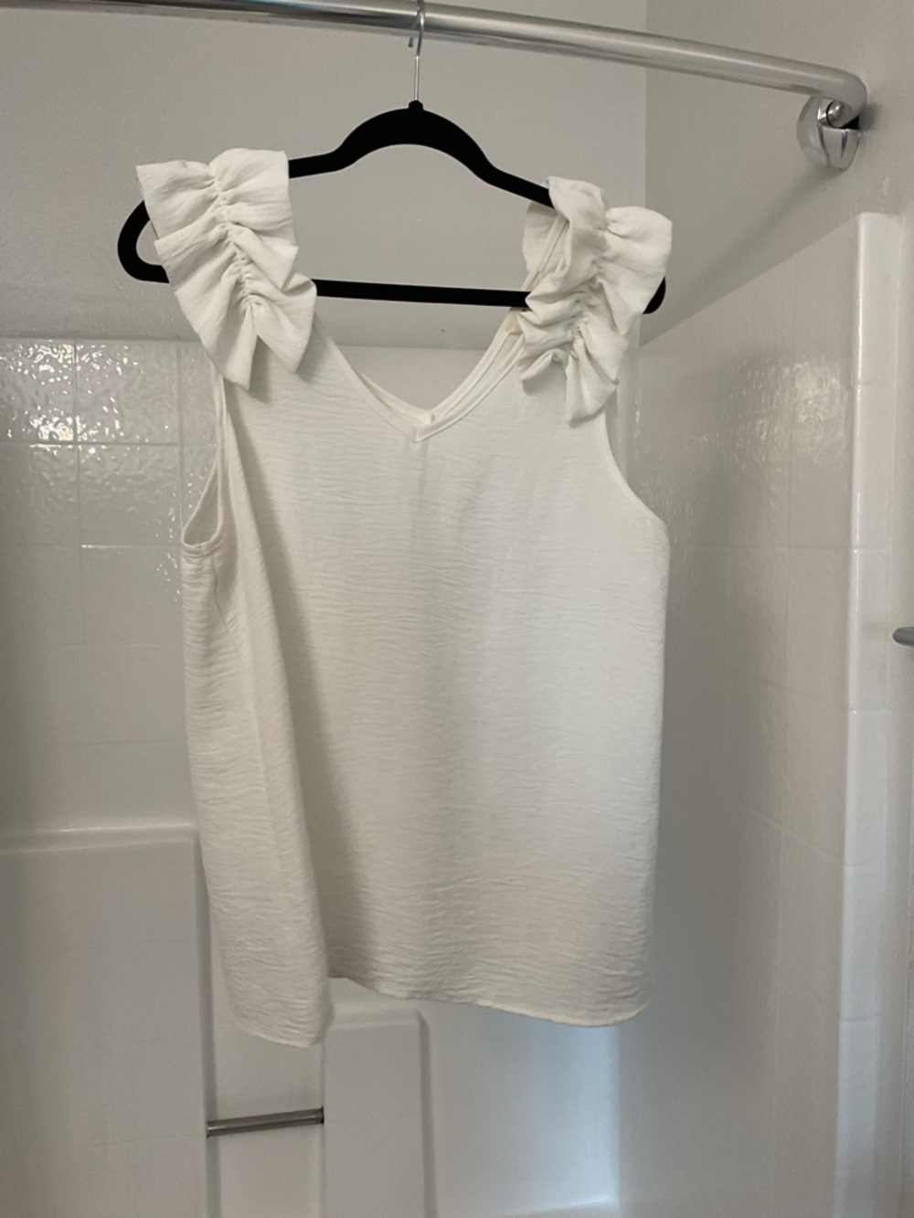 Women’s White Ruffle Shoulder V-Neck Top